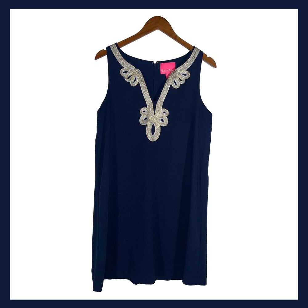 Lilly Pulitzer Navy Blue Shift Dress Size 8 Gold Silver Embroidered Resort Wear